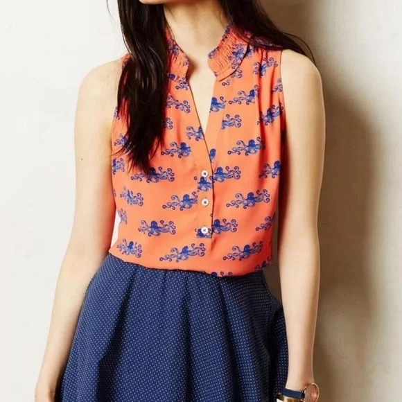 Maeve Size 6 Top Sleeveless Coral and Navy Top Octopus Pattern Anthropologie - Picture 2 of 8
